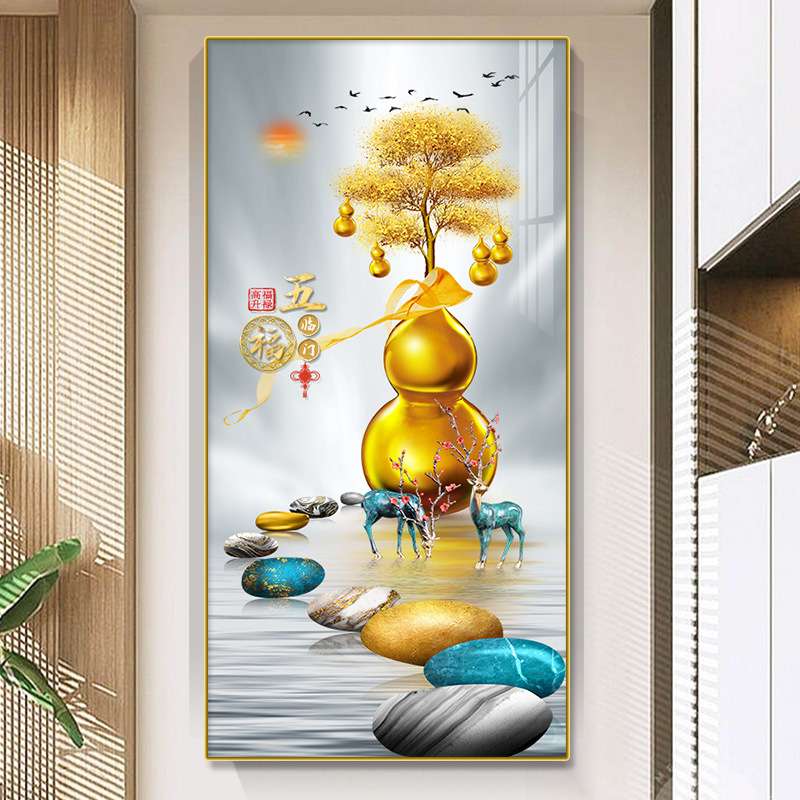 新中式入户玄关走廊过道挂画五福临门大气葫芦福禄玄关晶瓷装饰画图片
