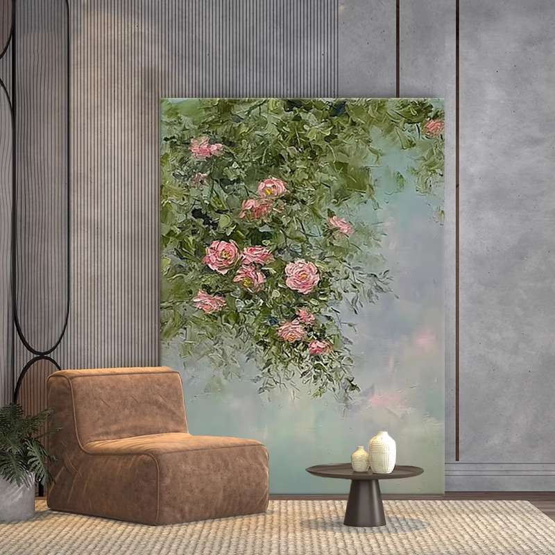 现代轻奢油画客厅书房玄关大幅落地装饰画蔷薇花牡丹玫瑰花卉挂画图片