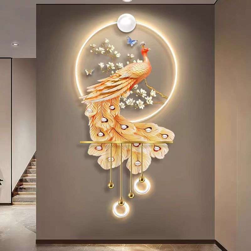 现代轻奢孔雀玄关装饰画寓意好LED灯光挂画走廊尽头对门艺术壁图片