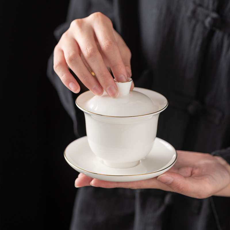 羊脂玉盖碗茶杯单个德化白瓷茶具套装陶瓷家用大号三才泡茶碗带盖