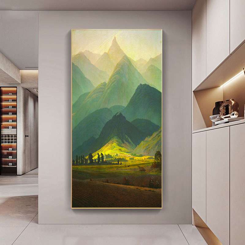 巨人山轻奢入户玄关装饰画走廊过道立体手绘油画砂岩肌理风景挂画图片