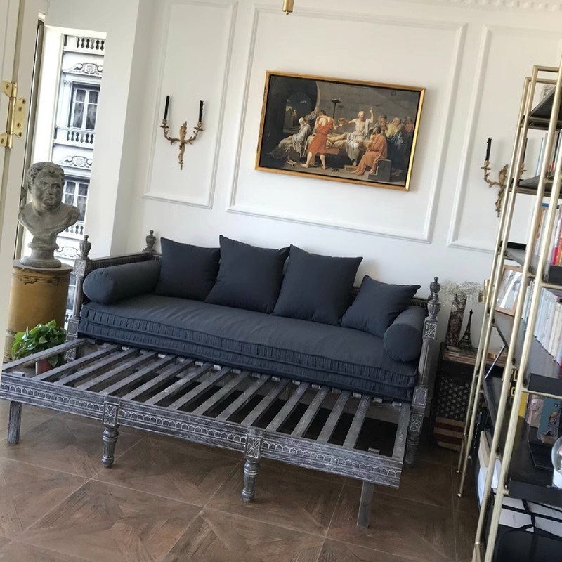 北欧复古实木布艺沙发三人位小户型法式O乡村抽拉沙发床家用