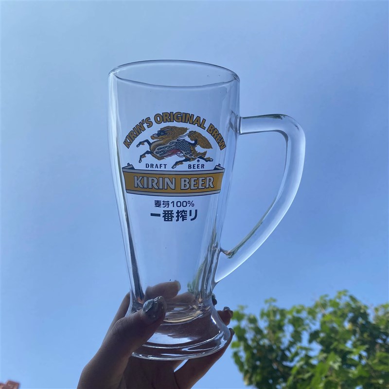 麒麟啤酒杯日式一番榨啤酒杯酒吧加厚I带把扎啤杯日料店商用杯子