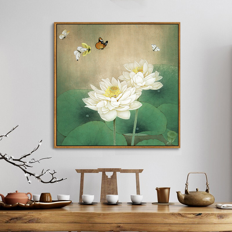 荷花装饰画正方形养生馆挂画客厅玄关走廊壁画禅意饭店墙面莲花画图片