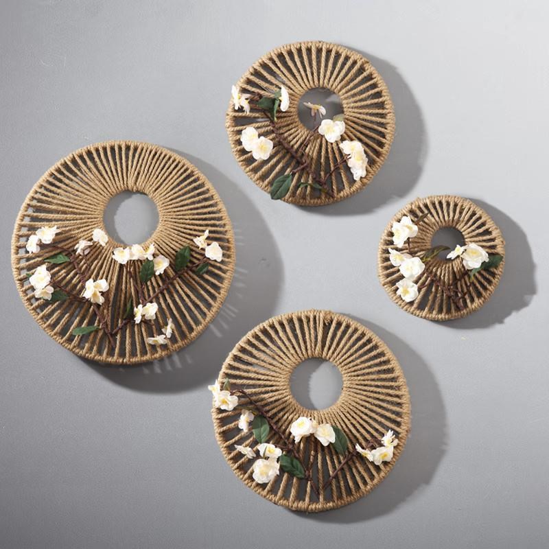 中式藤编圆形壁饰墙上民宿挂v件客厅背景墙墙面麻绳壁挂挂饰装饰
