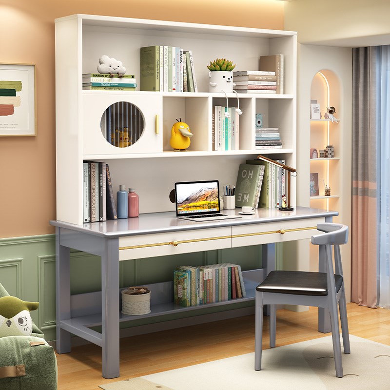 实木书桌书架一体家用台式电脑桌书房办公桌中小学生卧室写字桌椅