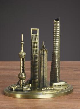 上海地标建筑模型东方明珠中心大厦模型摆件金属旅游纪念品三件套