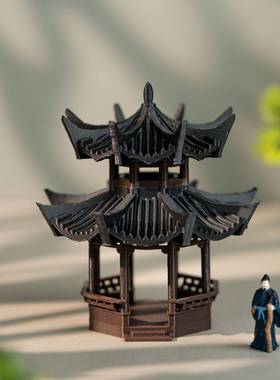 中式古建筑摆件双层六角亭国风微景观水陆缸鱼缸假山盆景3D摆件