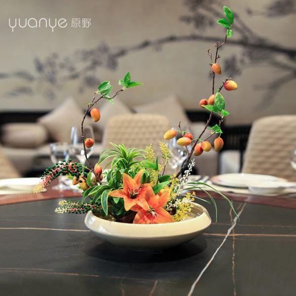 酒店大圆桌转盘中间摆设件餐桌花茶室客厅摆花装饰彷真花创意摆台