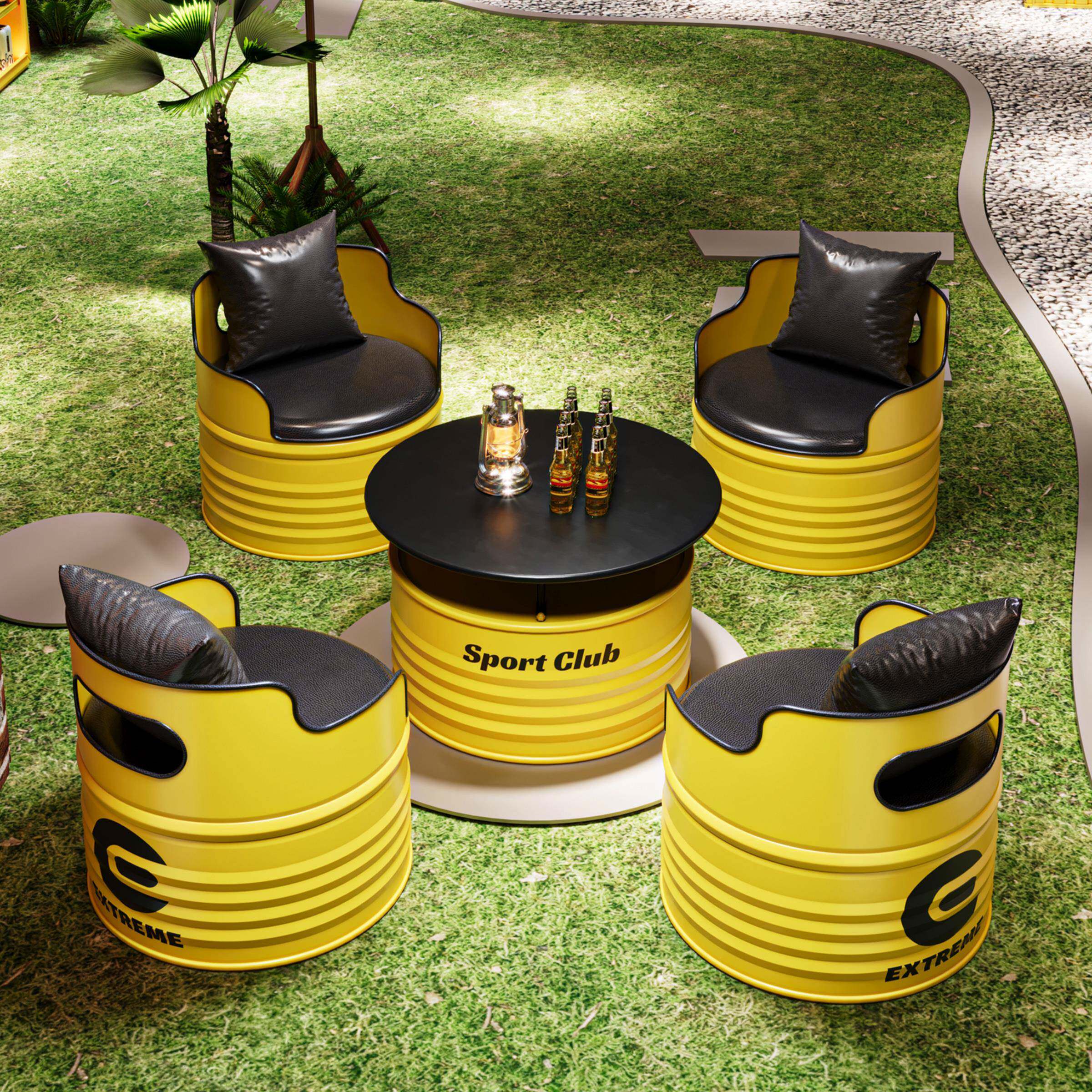 工业风卡座沙发办公室沙发茶几健身房酒吧休息区铁艺油桶桌椅组合