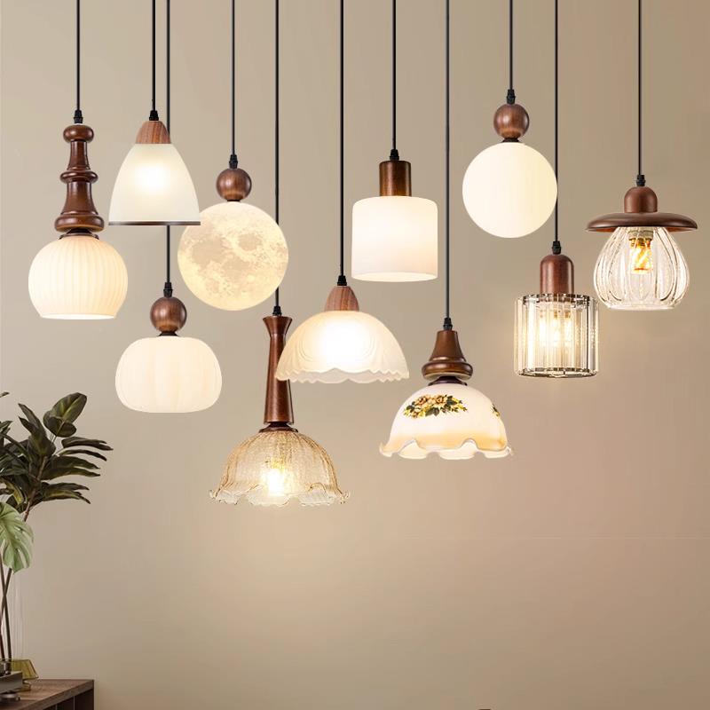 中古风卧室床头小吊灯高级感法式复古餐厅过道新中式单头长吊线灯