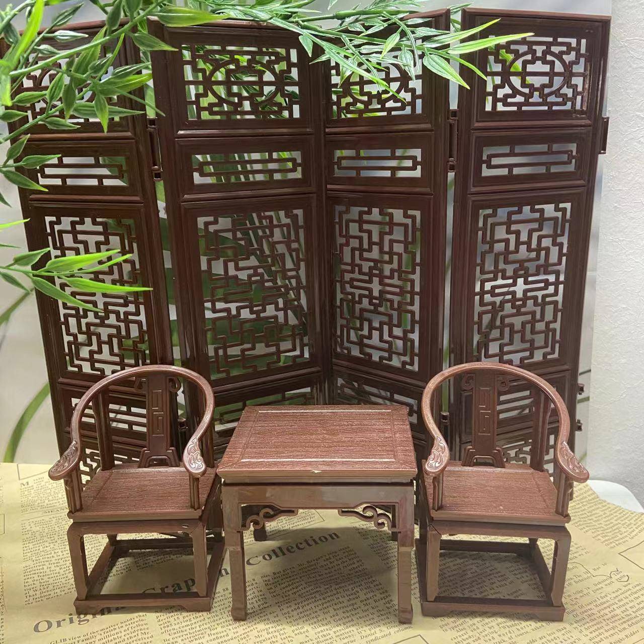 古风拍照迷你摆件模型微缩家具小圈椅官桌子屏风摆件复古全套