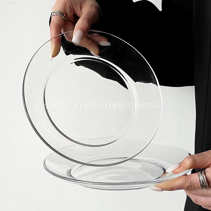 ins风韩式透明玻璃盘家用耐热西餐盘水果盘沙拉盘甜品盘拍照道具
