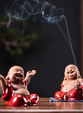 新中式陶瓷招财弥勒n线香托家居客厅茶几人物大肚笑佛茶宠桌面摆