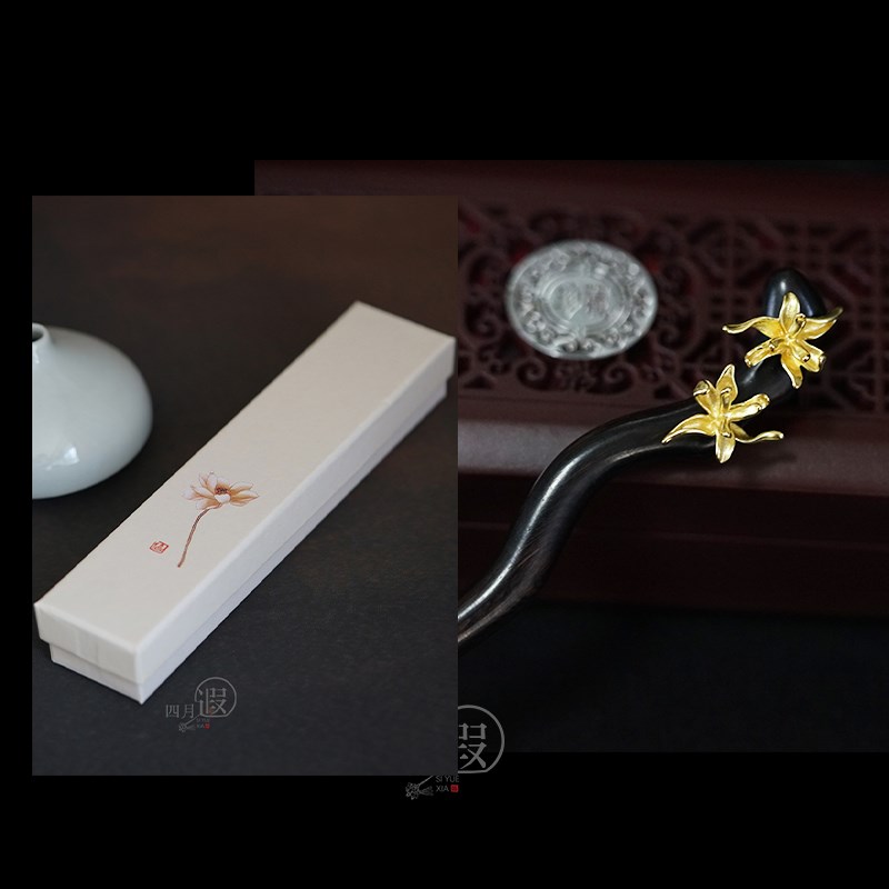 发簪女2024新款鸢尾花黑檀木发簪小F清新气质高级实木盘发挽发簪