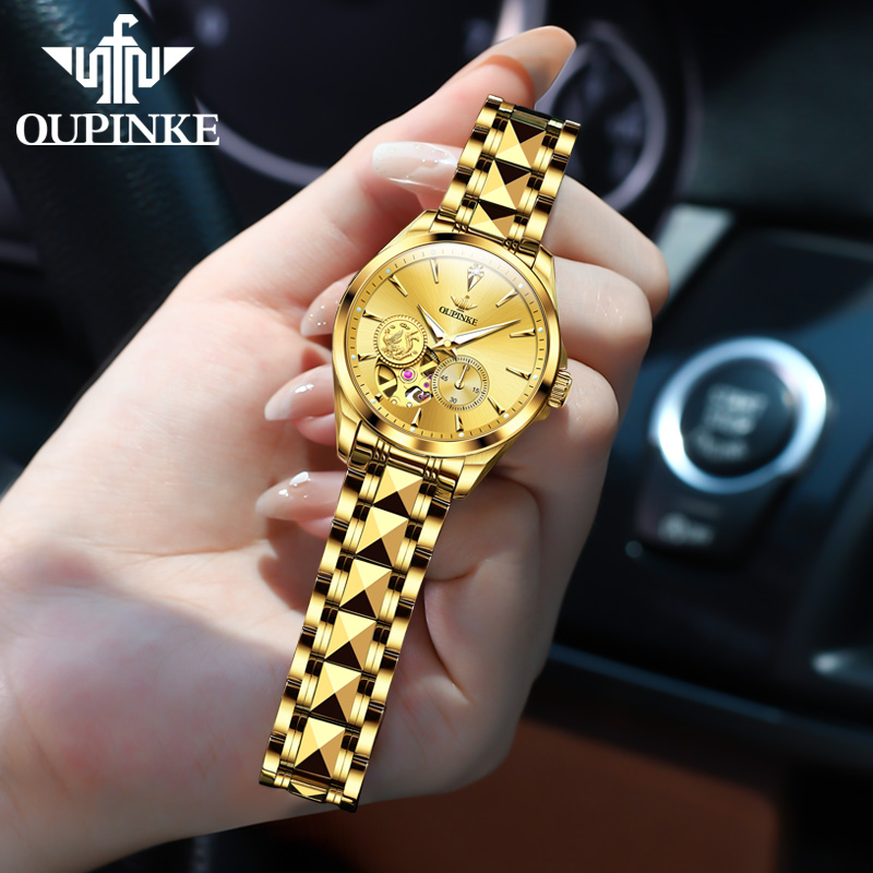 欧品客女士含真金真钻机械手表