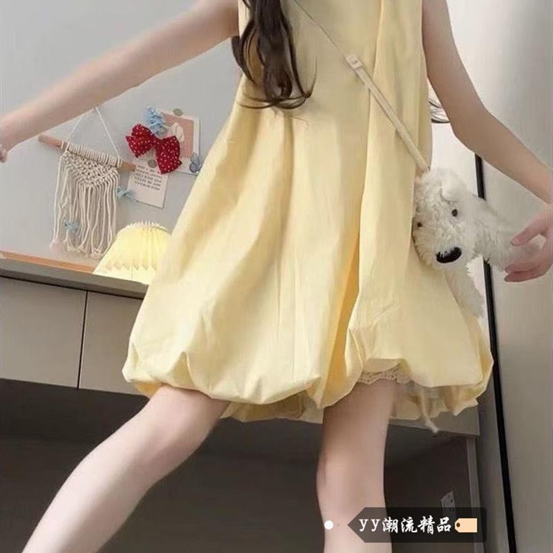 奶黄色无袖背心花苞连衣裙女夏季新款小个子甜美度假风蓬蓬短裙子