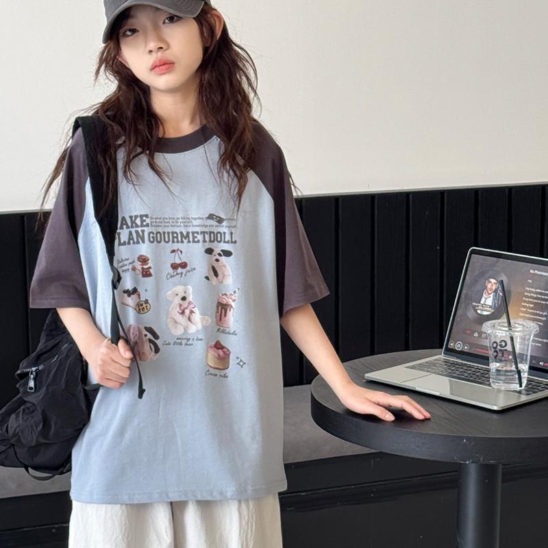 女童短袖T恤2025新款儿童插肩袖纯棉上衣中大童夏装宽松百搭半袖t