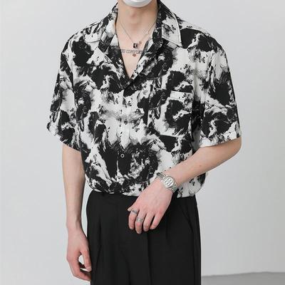 ZPZ夏季上衣韩国宽松高级垂感短袖衬衫 男装潮流痞帅水墨免烫衬衣