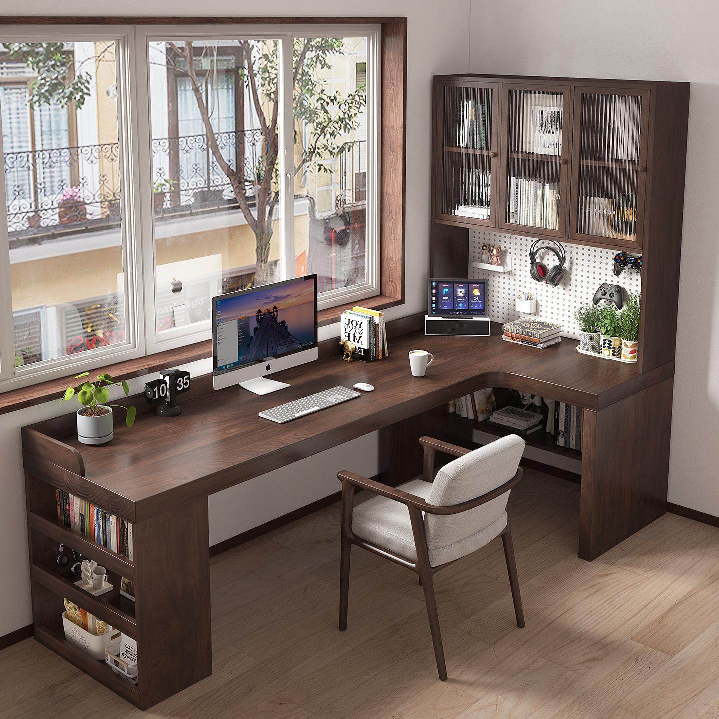 北欧实木L型转角书桌书柜一体带洞洞板家用学习写字桌拐角电脑桌