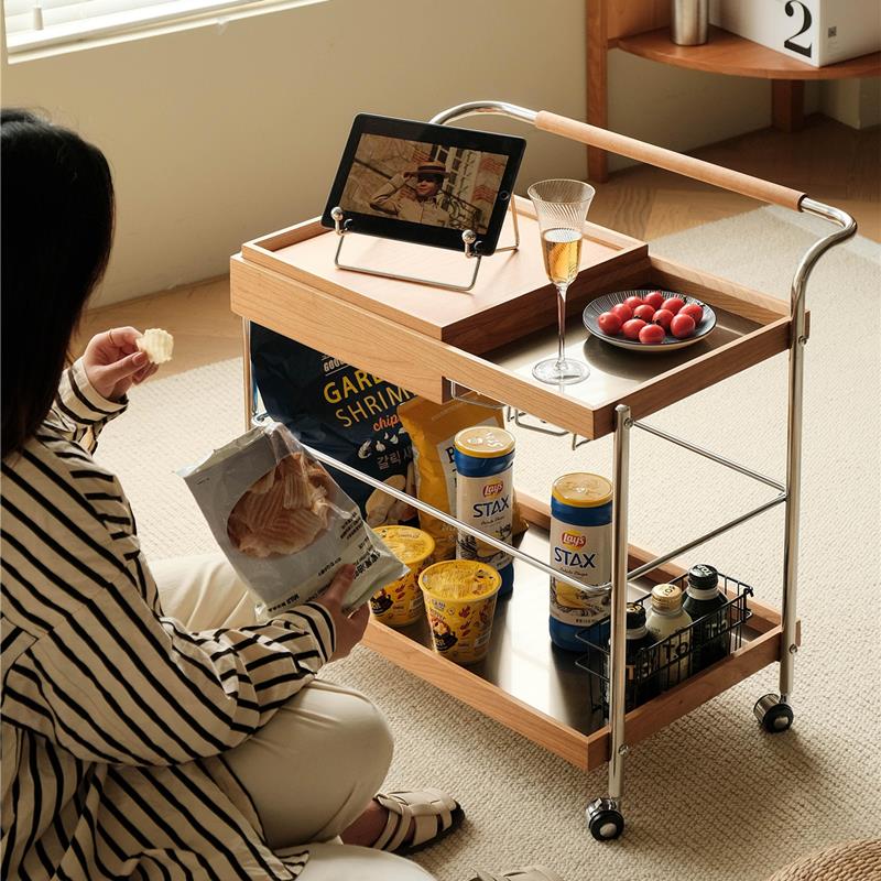 北欧实木可移动小推车中古边几不锈钢沙发角几柜客厅小茶几置物架