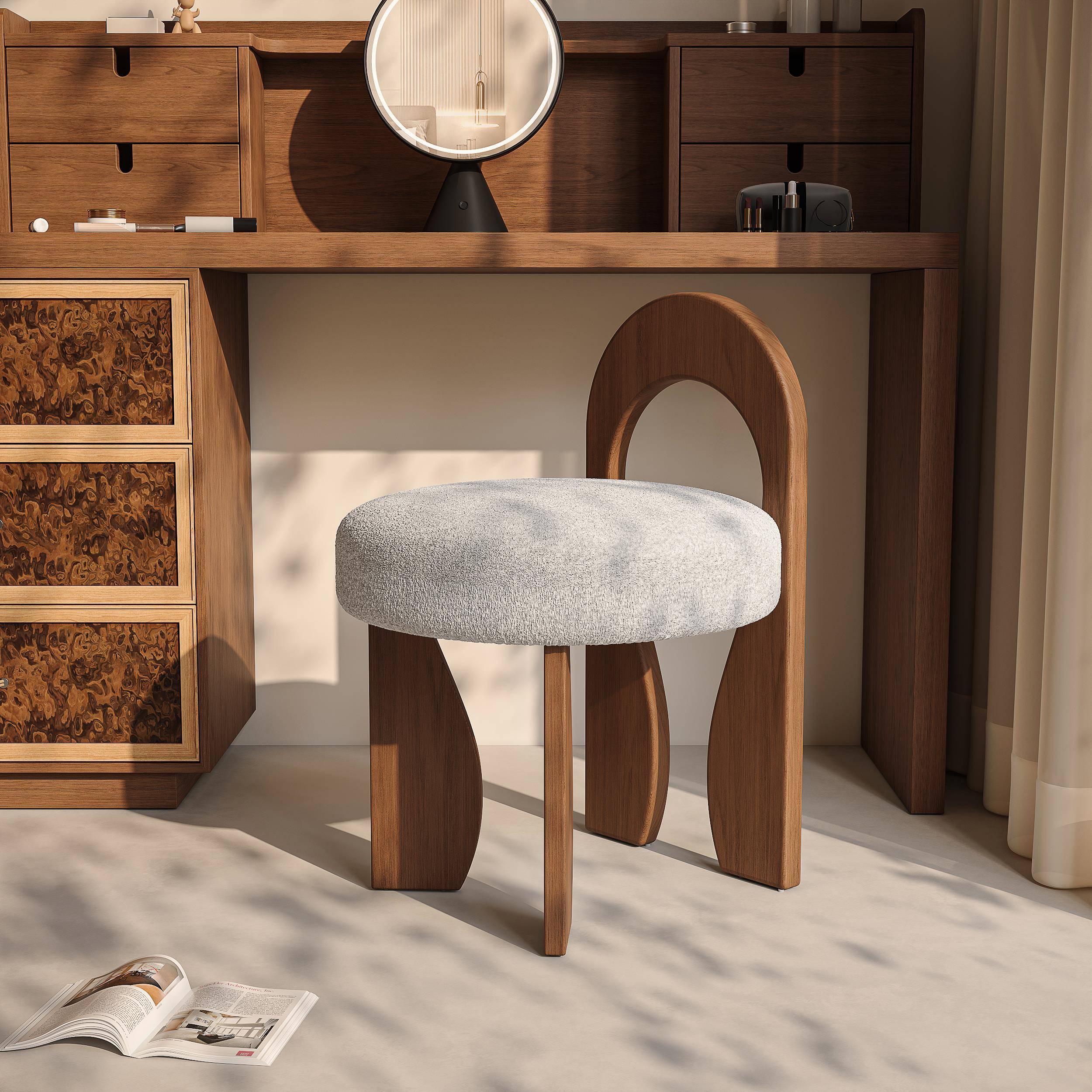 法式简约实木餐椅复古羊羔绒卧室梳妆凳书房家用中古风靠背化妆椅