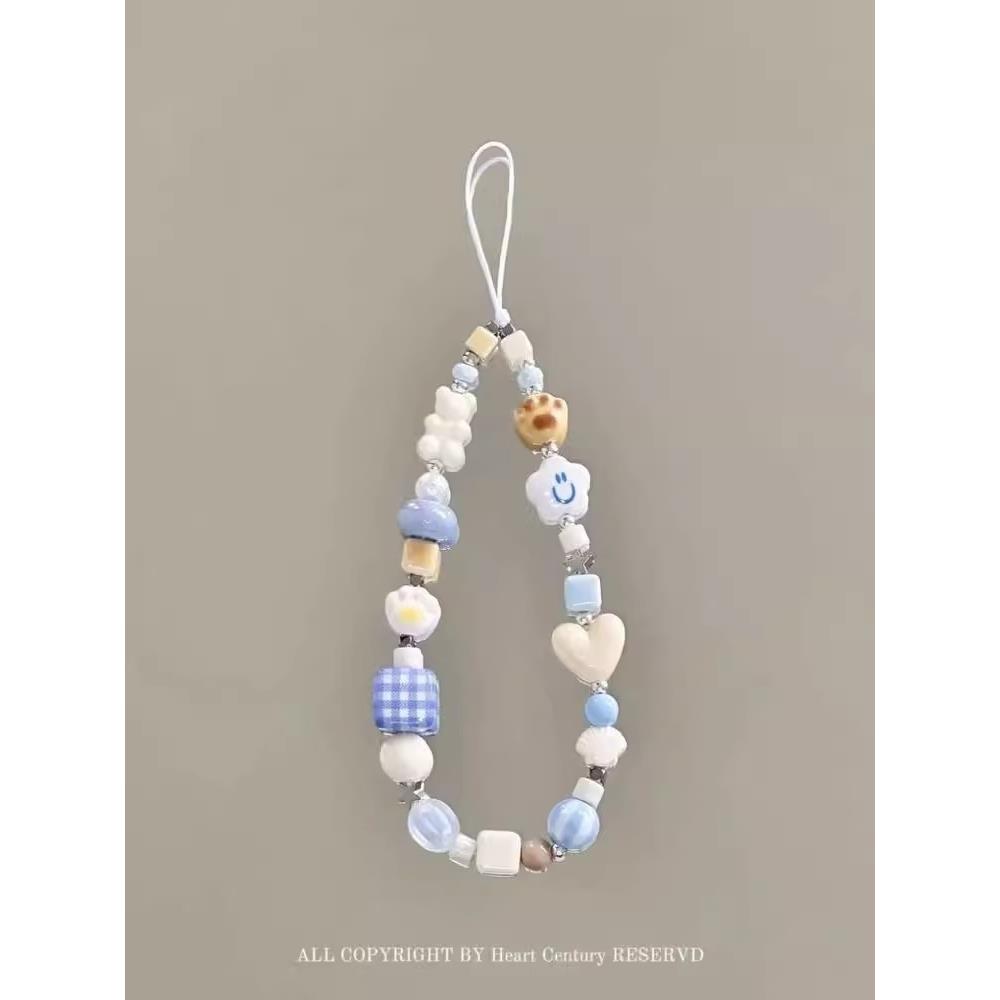 可爱手作白蓝配色多形状珠串手机链少女心复古清新挂绳百搭