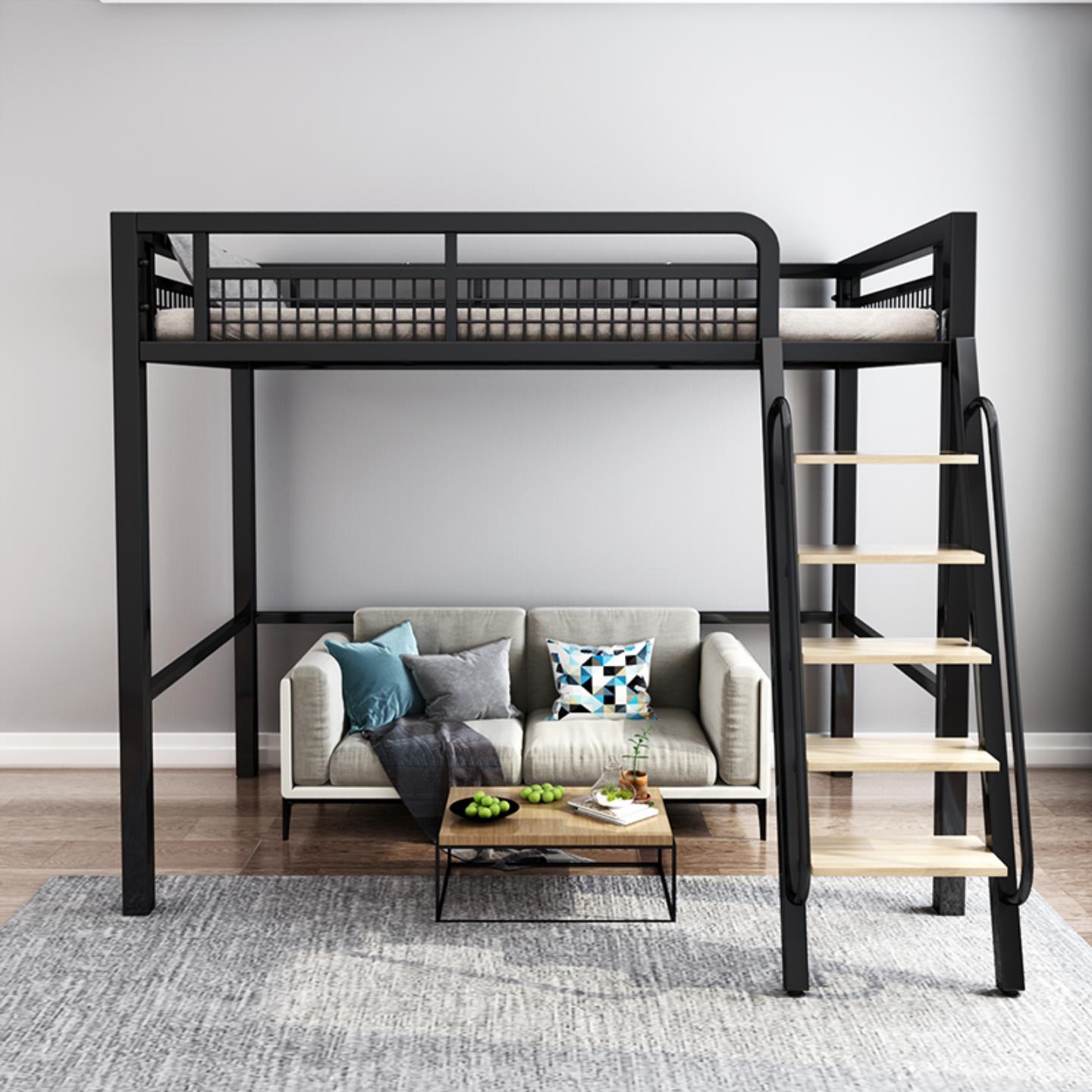 北欧铁艺高架床上床下桌多功能小户型阁楼床黑白色单双层金属定制