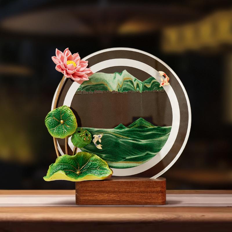 轻奢创意荷花流沙画摆件办公室客厅高级感玻璃动态解压装饰品礼物图片