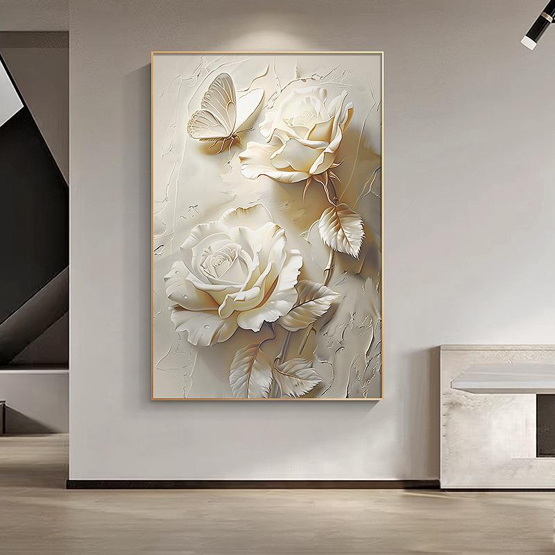 奶油风浮雕立体感玄关装饰画抽象蝴蝶入户正对门壁画花卉客厅挂画图片