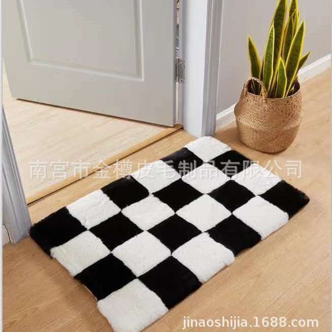 厂家供应订制拼接棋盘格卧室床边客厅长方形垫仿兔毛家居地毯
