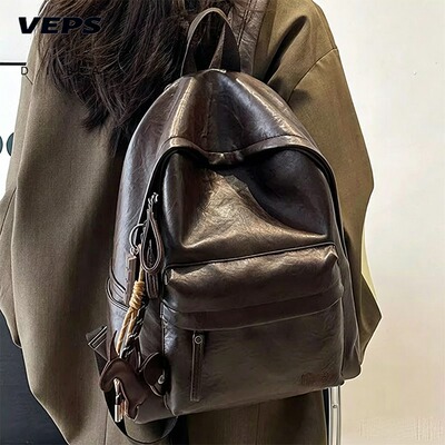 VEPS新款复古质感双肩包女时尚女新款高中大学生书包轻便旅游背包