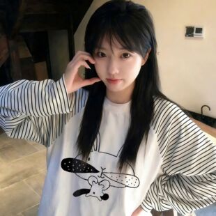 少女大条纹插肩长袖t恤秋季新款大学生宽松打底创意潮流纯棉上衣