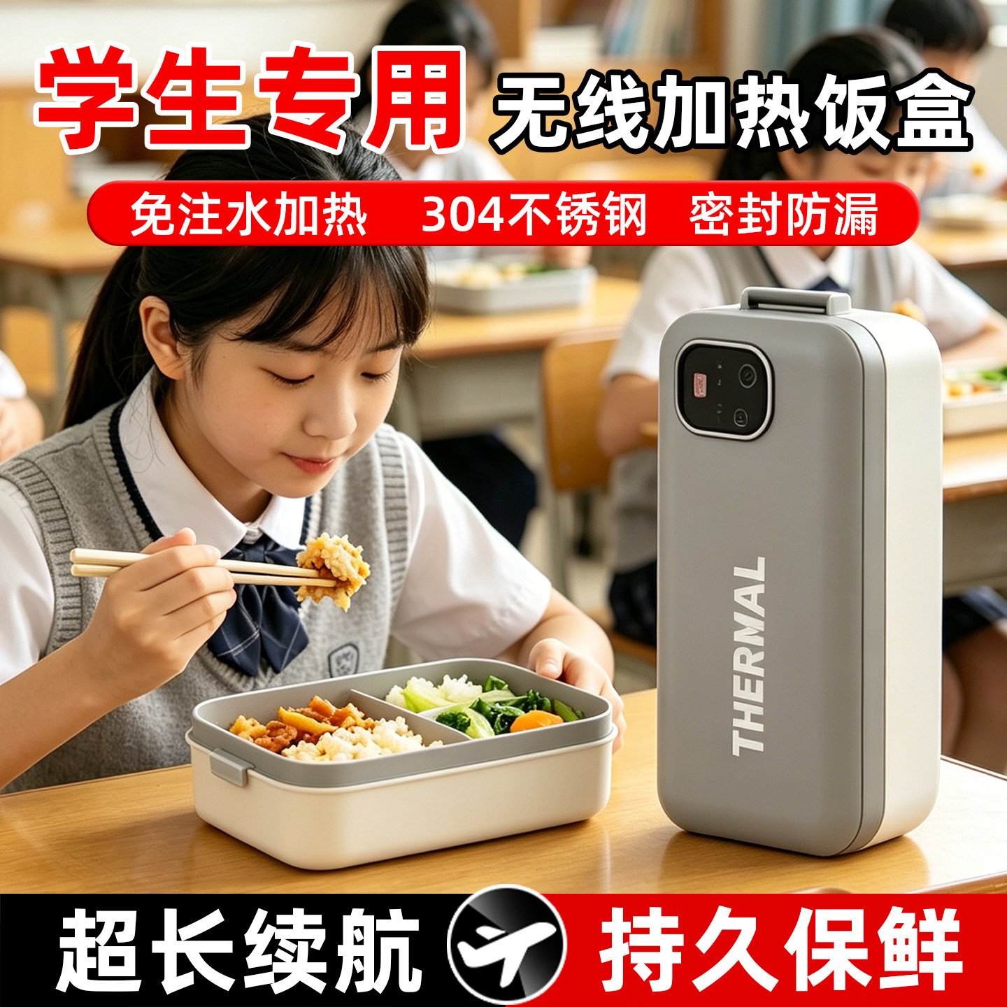 USB充电款加热饭盒高中生保温便当盒学生专用加热不插电小巧可携