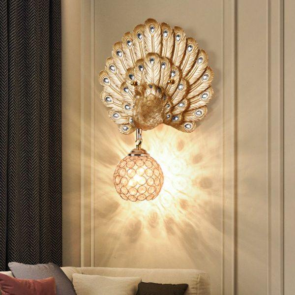 欧式孔雀壁灯卧室客厅背景墙床头个性过道楼梯创意水晶壁饰灯具