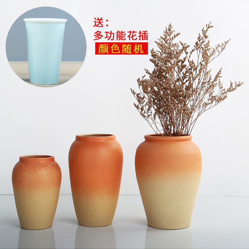 复古手工a粗陶陶瓷花瓶粗陶干花花器插花客厅酒店陶艺软装饰品摆