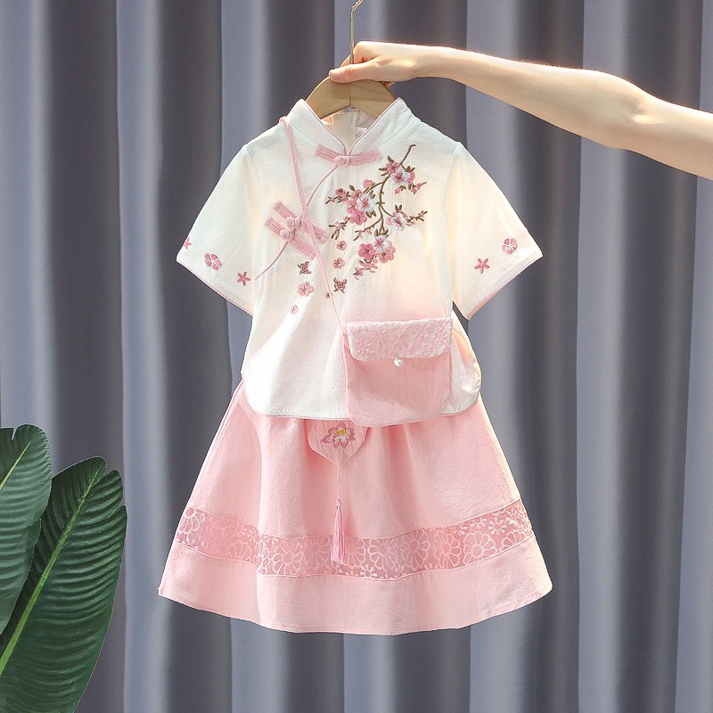 汉服女童新款夏季纯棉国风套装裙子短袖唐装小女孩儿童公主裙古装