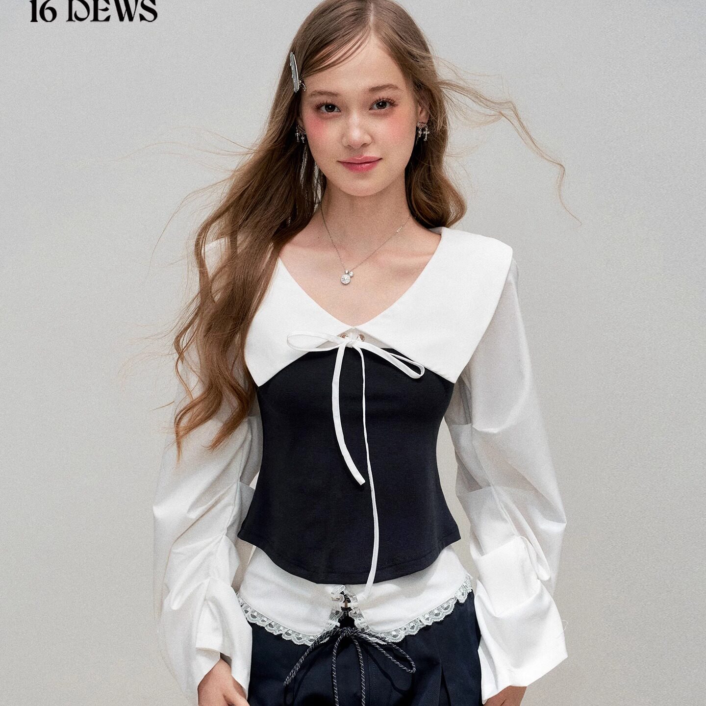 撞色拼接蝴蝶结系带收腰假两件