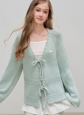 16DEWS官方授权豆绿色粗针灯笼袖毛织开衫设计师品牌