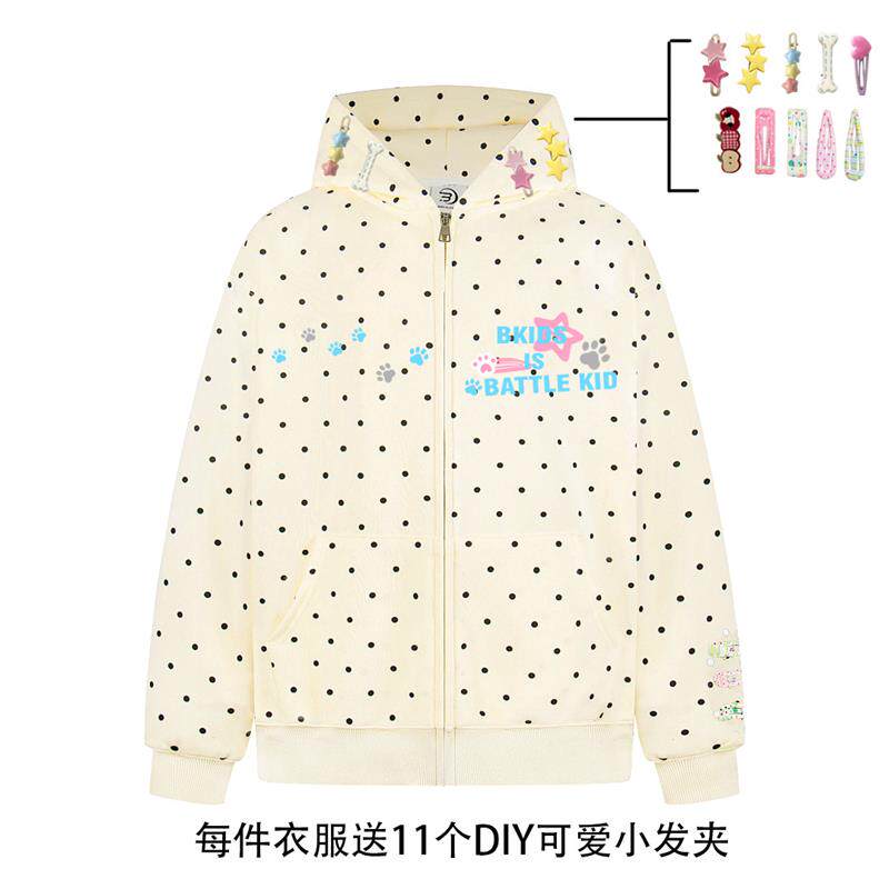 文文不乖原创美式可拆卸发夹波点连帽卫衣女拉链开衫宽松休闲外套