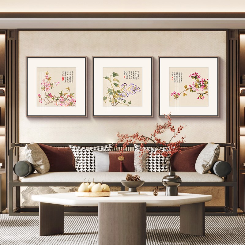 董诰没骨花卉餐厅挂画q新中式客厅背景装饰画牡丹海棠酒店斗方墙图片