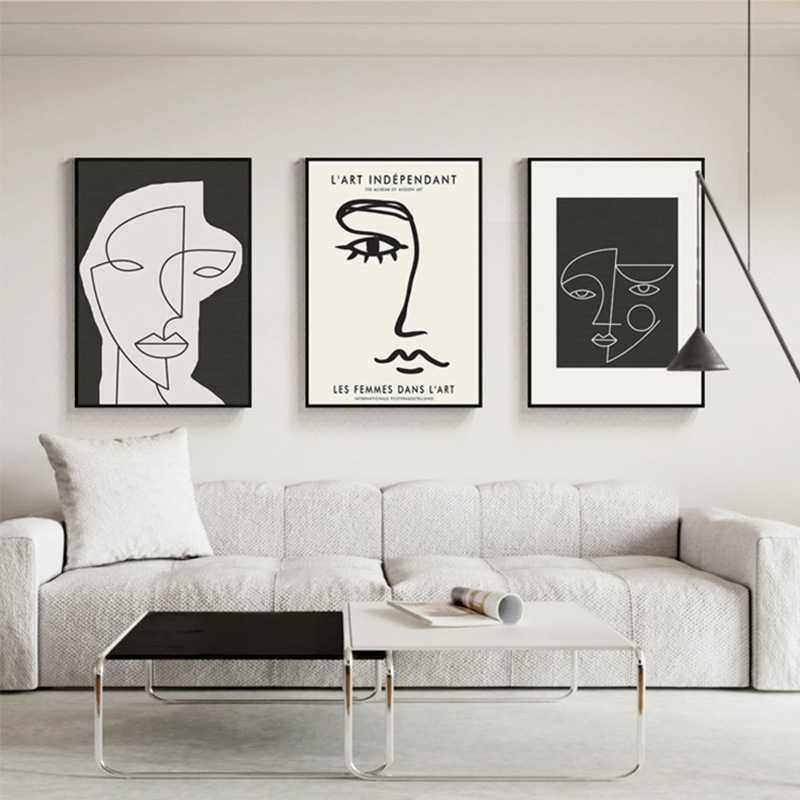 表述 北欧极简客厅装饰画黑白灰沙发背景墙挂画三联抽象人物壁画