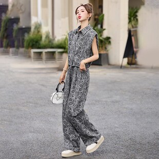 印花阔腿裤 休闲搭配一整套装 好看设计感时尚 女l2025夏季 两件 新款