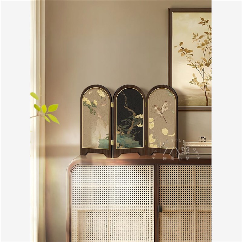 新中式桌面小屏风摆件电视柜玄关柜摆件茶室茶桌装饰品.中古风摆