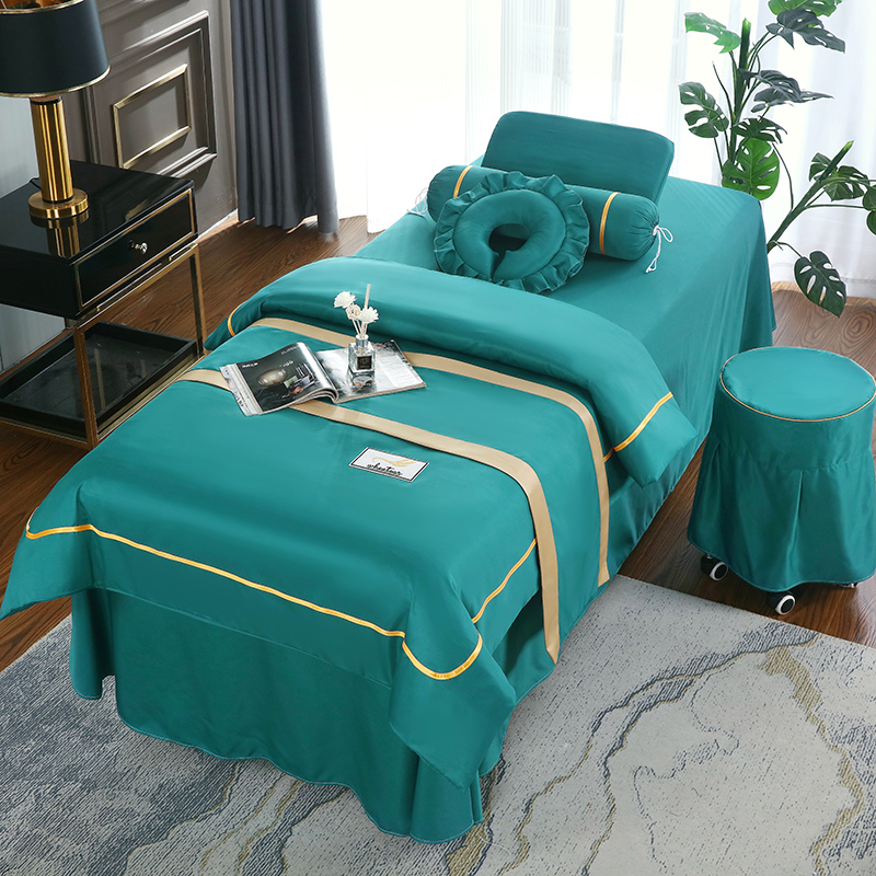 天丝新款美d容床罩四件套高档欧式美容院纯色按摩床罩奢华定制log
