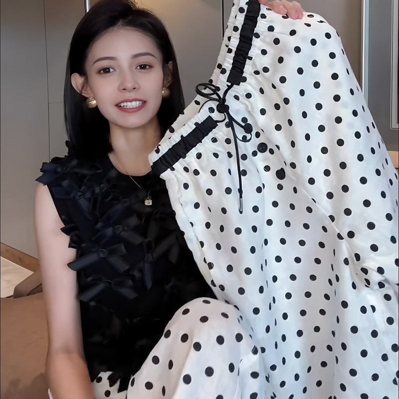 韩版休闲风白色波点松紧腰直u筒裤女2025年夏季新款高级慵懒感长