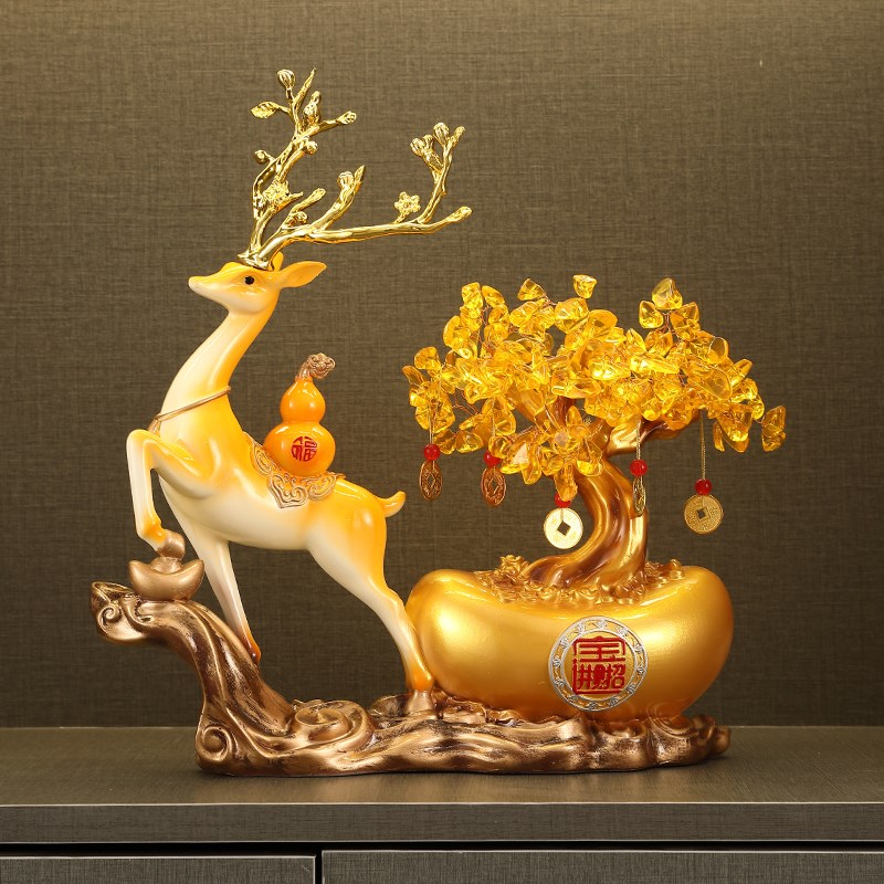 家用元宝树做生意办公室店z铺开业礼品玄关客厅鹿旺宅摆件