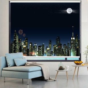 客厅卧室厨房遮阳遮光免打孔窗帘 卷帘城市风景夜景手拉电动升降式