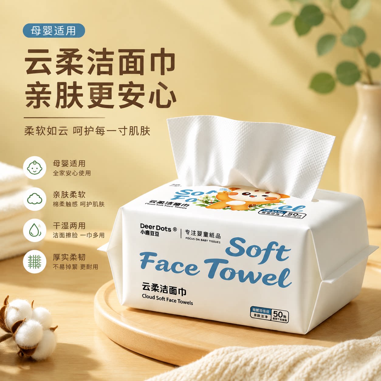 DeerDots婴童专用柔肤洗脸巾擦拭口水温柔不伤孩童肌肤加厚绵柔巾