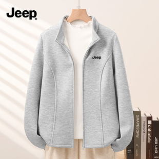 JEEP吉普灰色加绒卫衣女款2026新款空气层立领开衫秋冬加厚外套Y